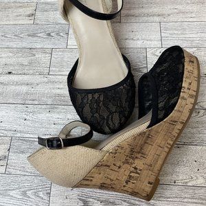 Black Lace and Tan Wedge Heel